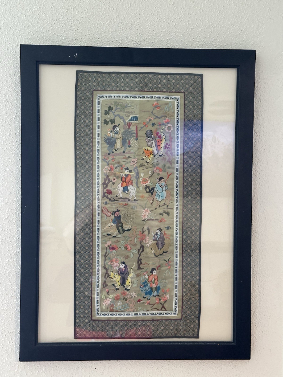 Chinese hand embroidered silk Art Piece Framed. The Actual Piece 27 X 13”