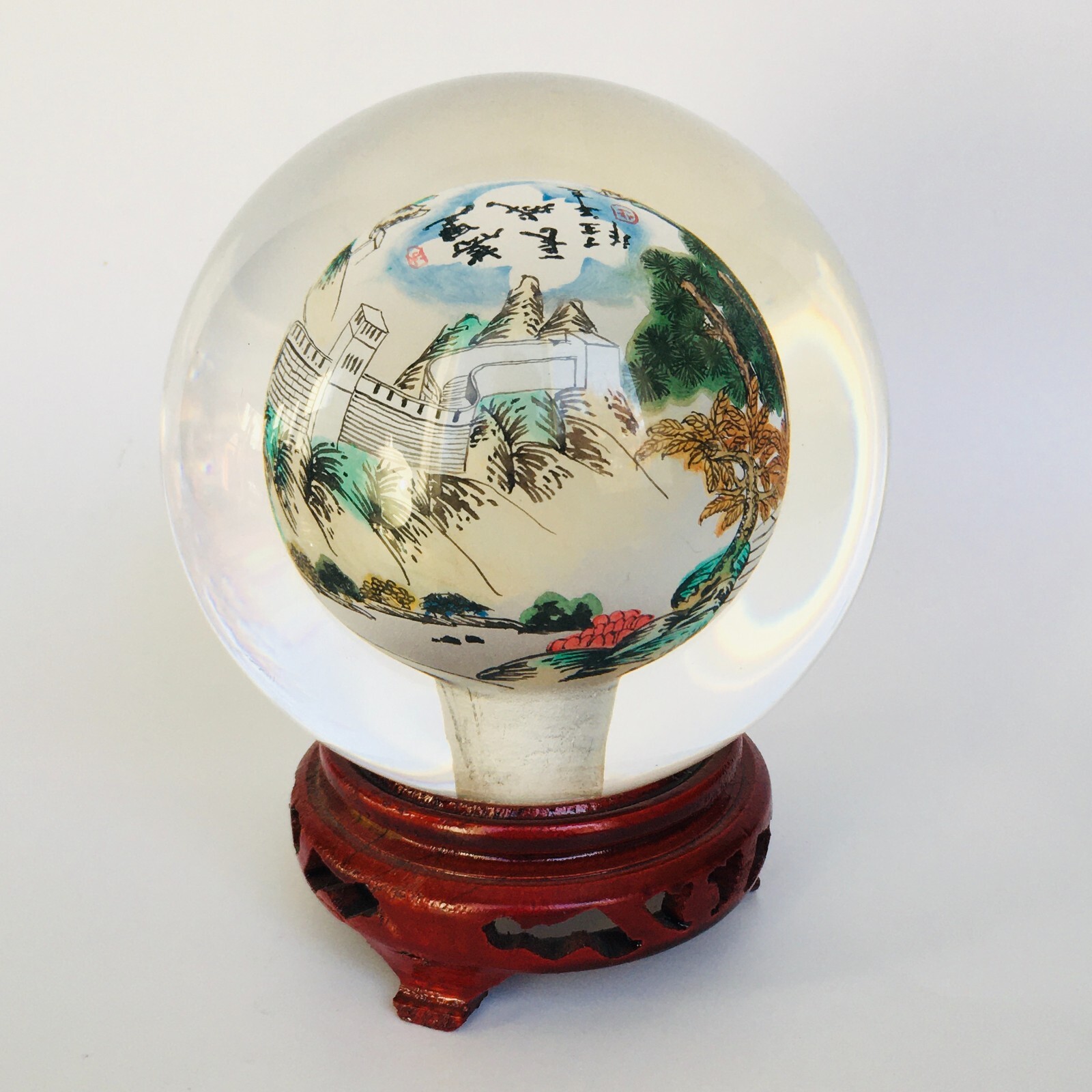 Reverse Painted Great Wall Vintage Glass Crystal Ball Sphere Signed 4.5″