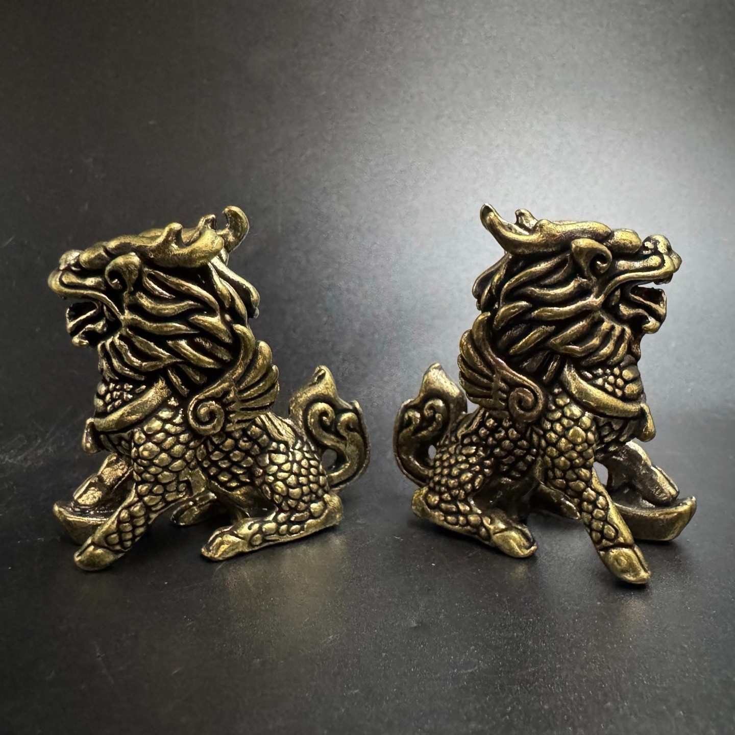 Pair Brass Winged Qilin Statues Chinese Feng Shui Wealth Lucky Mini Ornaments