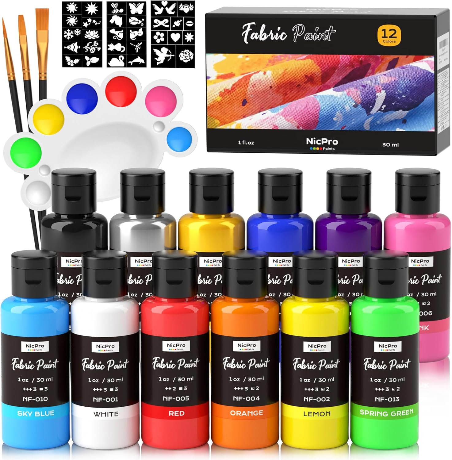 12 Colors Fabric Paint (1Oz/30Ml), Permanent Soft Acrylic Fabric Paint Set with