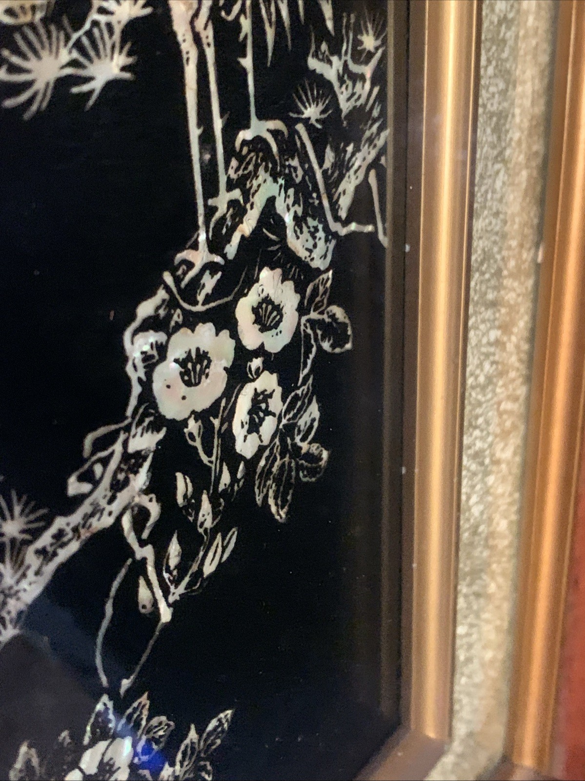 Vtg Asian Crane Birds Mother of Pearl & Abalone Shell Art Wood Framed 14.5”x8.75
