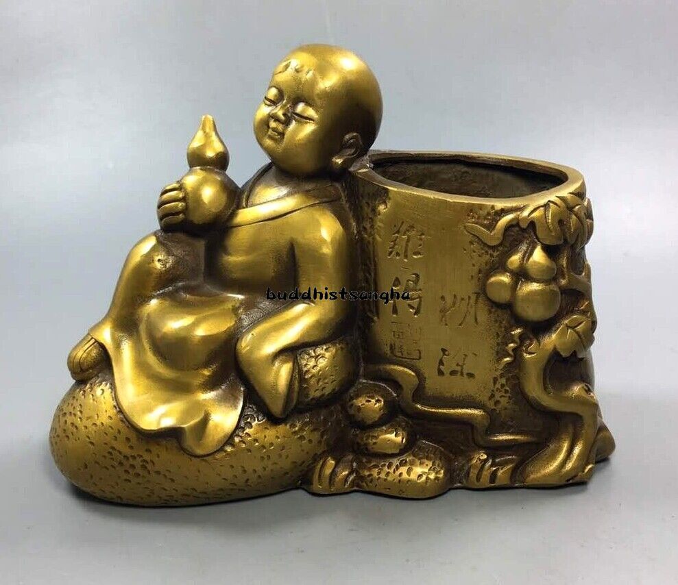 Brass Monk Statue Pen Holder Brush Pot Ignorance Is Bliss Zen Decor