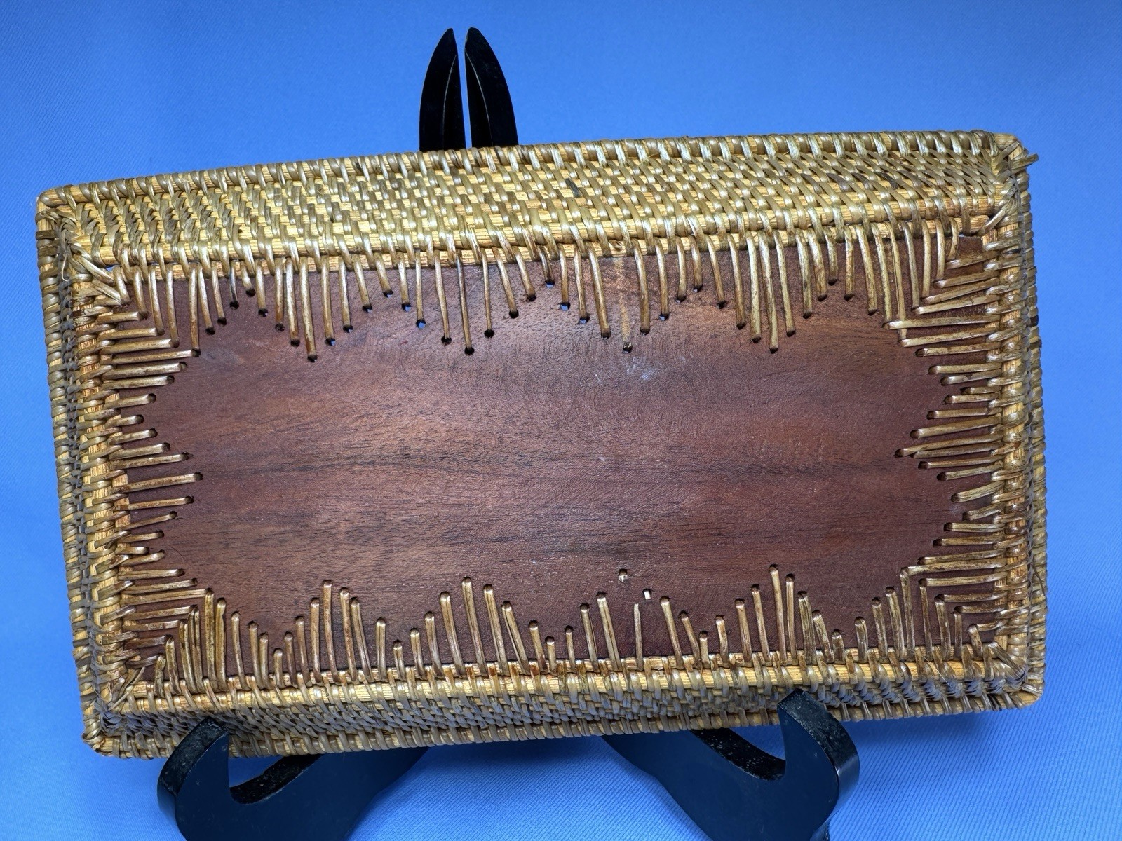 Vintage Chinese Wood Tray With Embedded Coin, Woven Sides Inlaid Wood 10x6x1