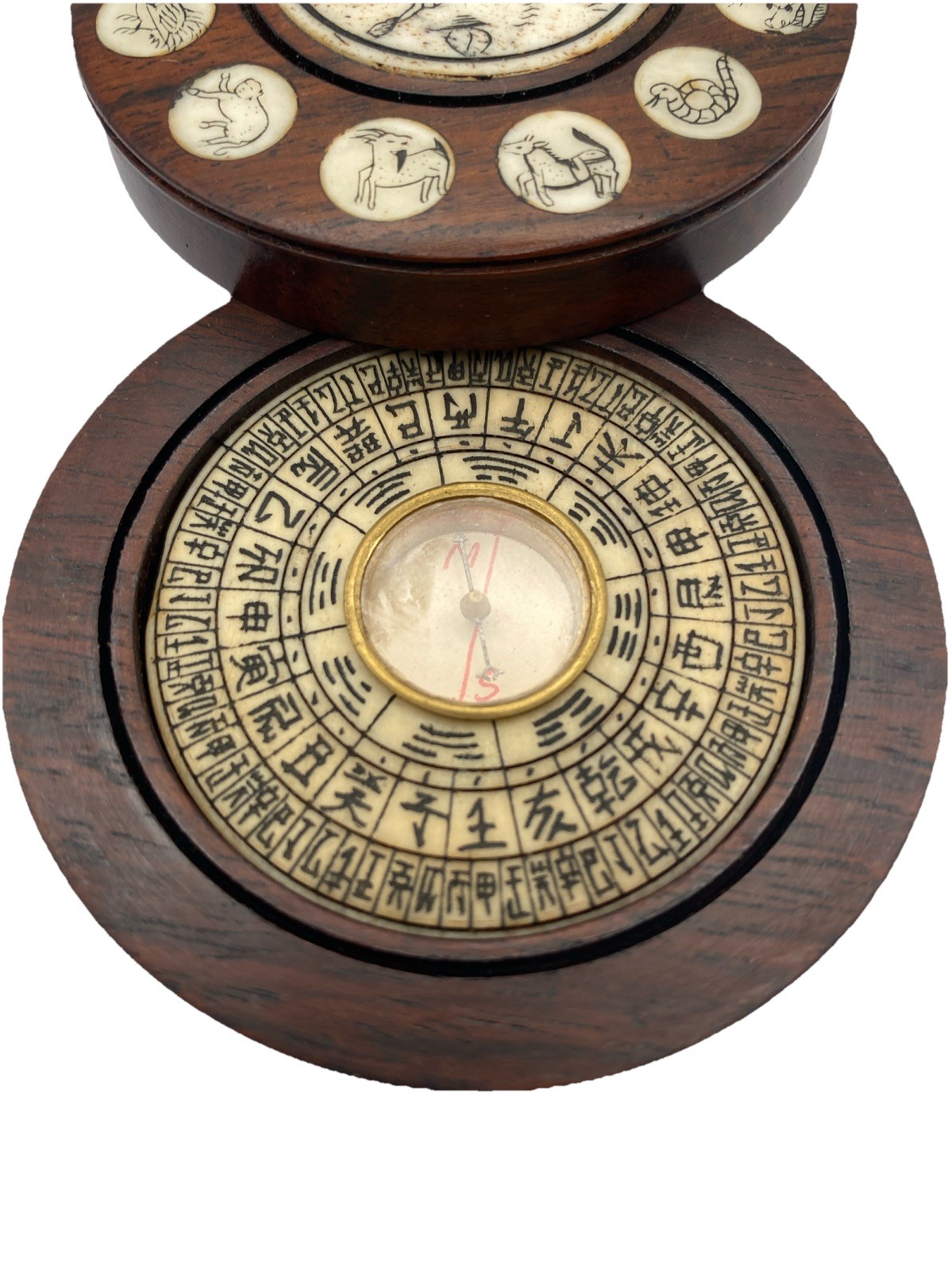 Vintage Chinese Zodiac Wooden Compass and Astrology Calendar