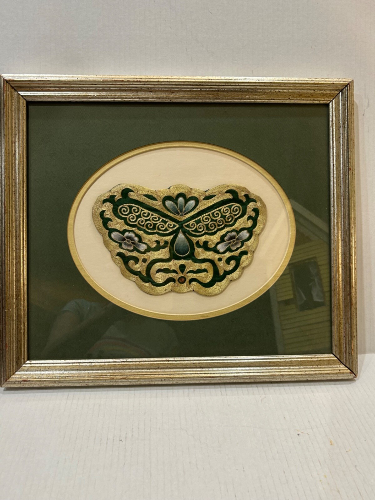 CHINESE FRAMED 16.75”X14.5” EMBROIDERY GOLD CANNETILLE BUTTERFLY BIRDS STUNNING