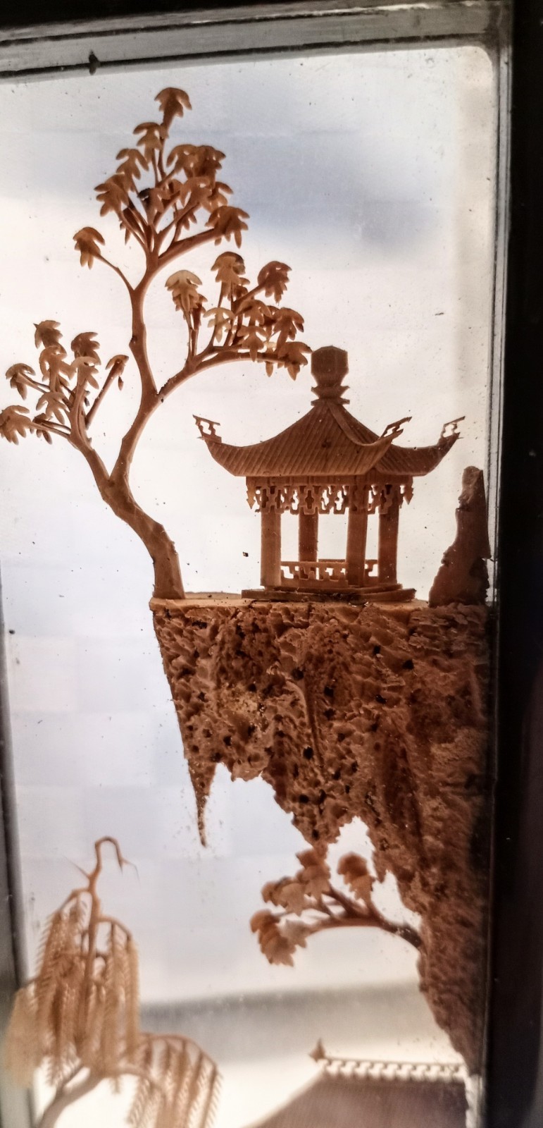 Chinese Cork Art Vintage 1980’s Miniature Screen Carved Birds, Trees, Pagodas