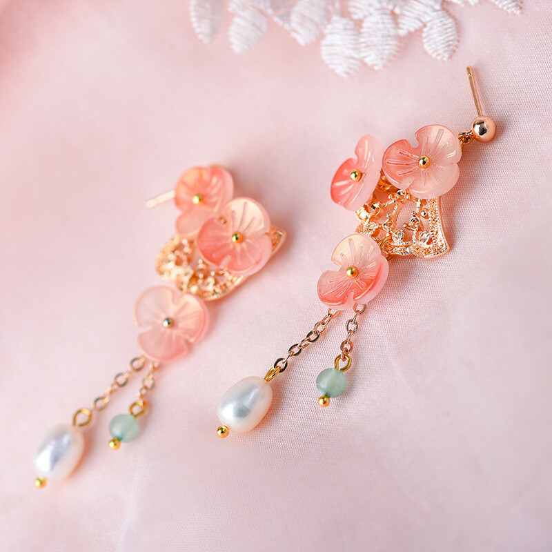Chinese Dongling Jade/Coloured Glaze/Pearl Tibetan Style Vogue Earbob Earrings