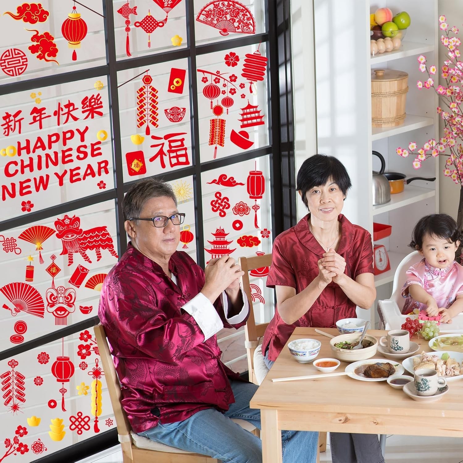 Chinese New Festive Window Clings – 8 Sheets of Dragon and Lantern Designs