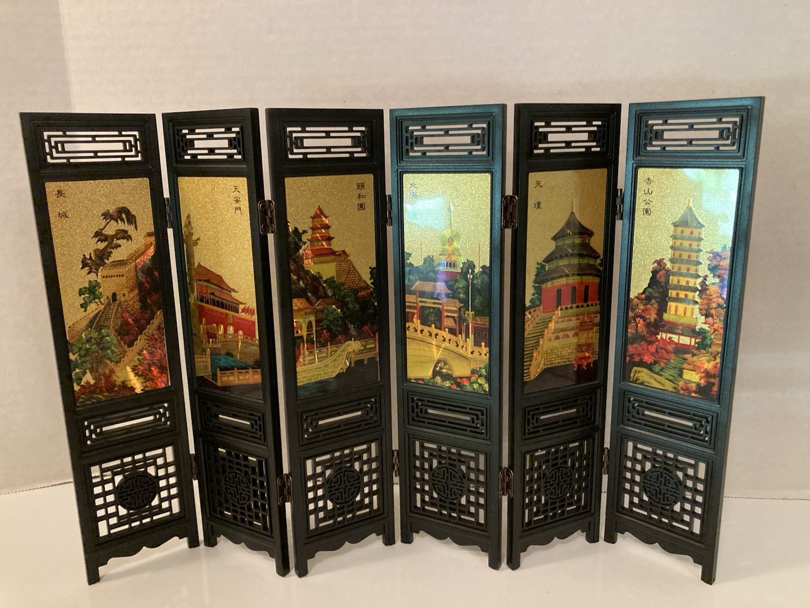 🧚🏻Vtg 6-Panel Lacquered Screen BEIJING SCENERY Table Top Folding