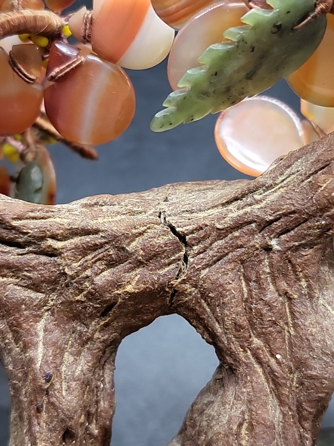 Chinese Carnelian & Green Nephrite Jade Bonsai Tree Brass Etched Base Hong Kong