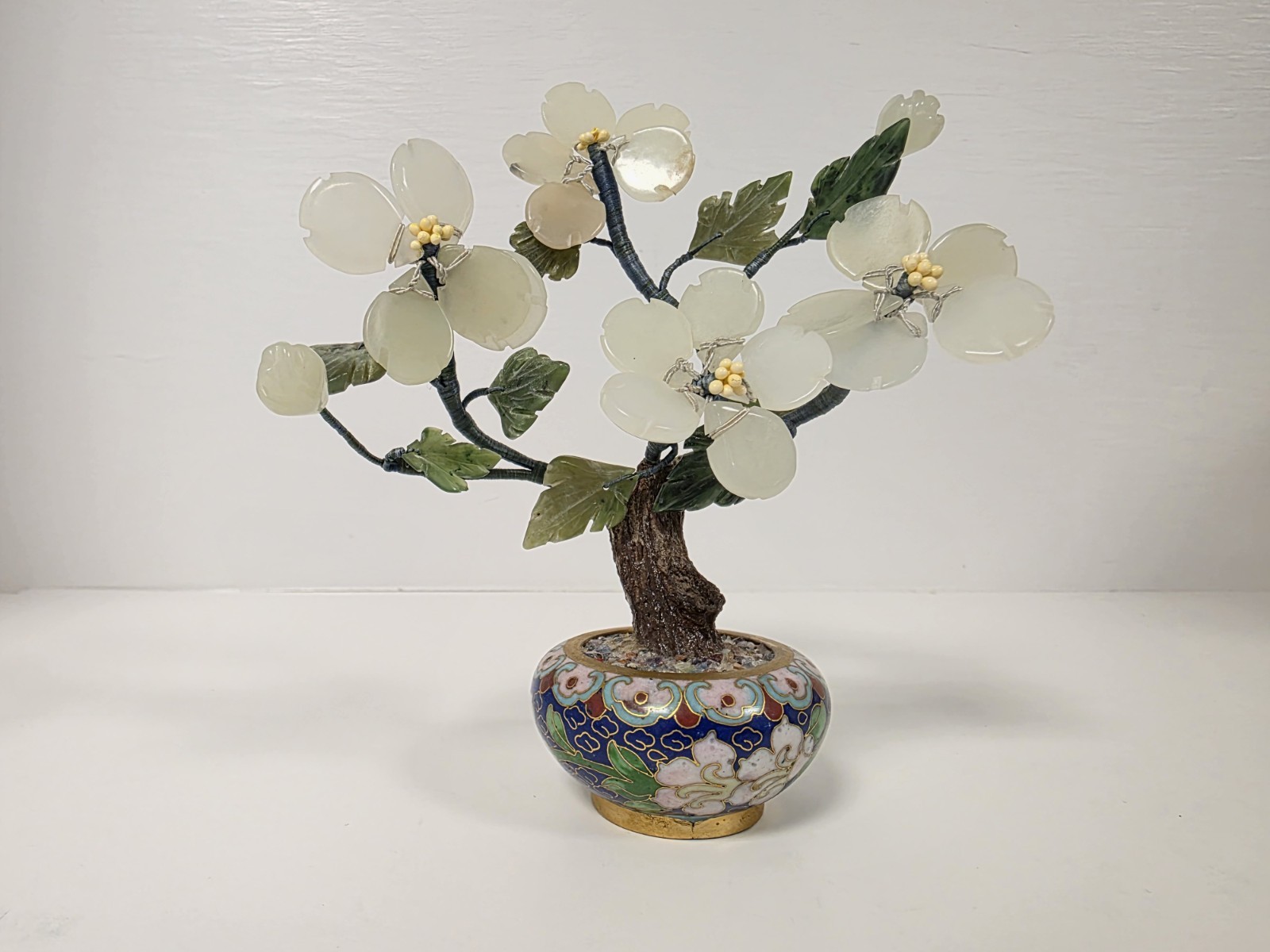 Asian Bonsai Tree Blossom Cloisonne Floral Pot White And Green Stone Jade?