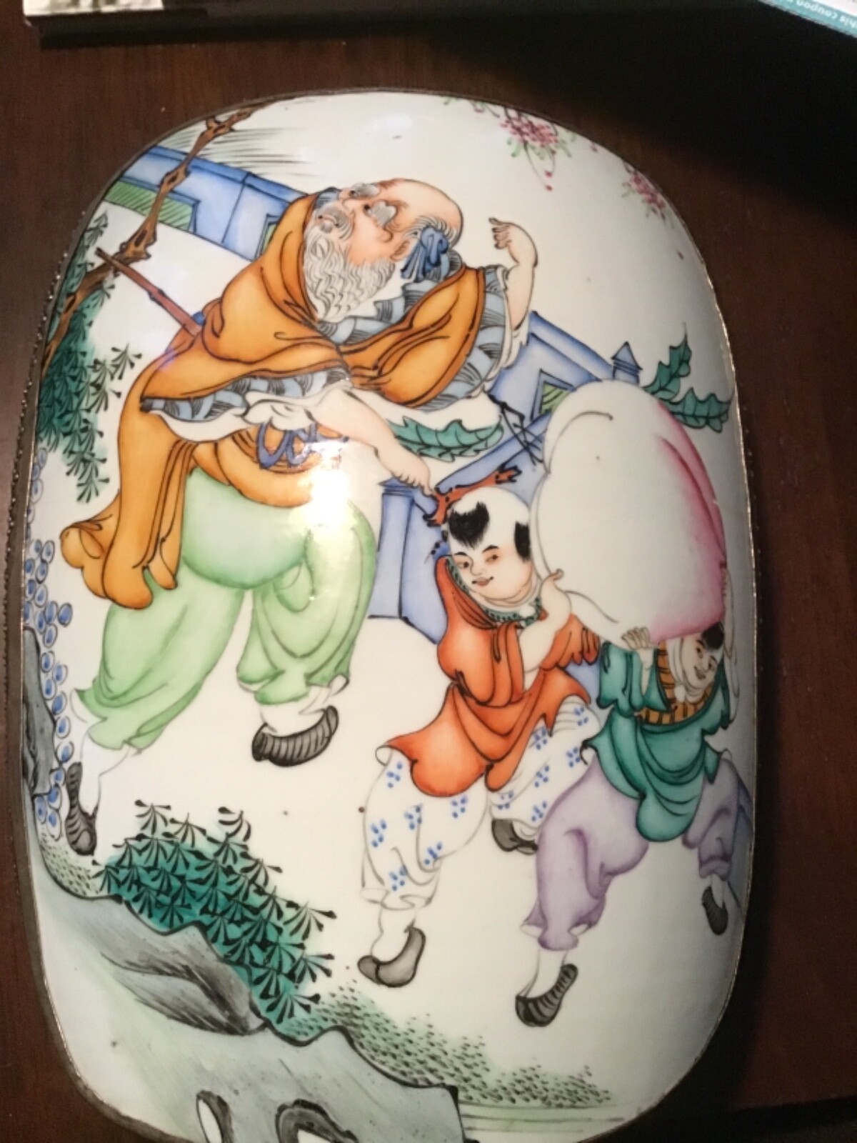Vintage Chinese Famile Verte Porcelain Shard Lid Cracked Metal Trinket Box Peach