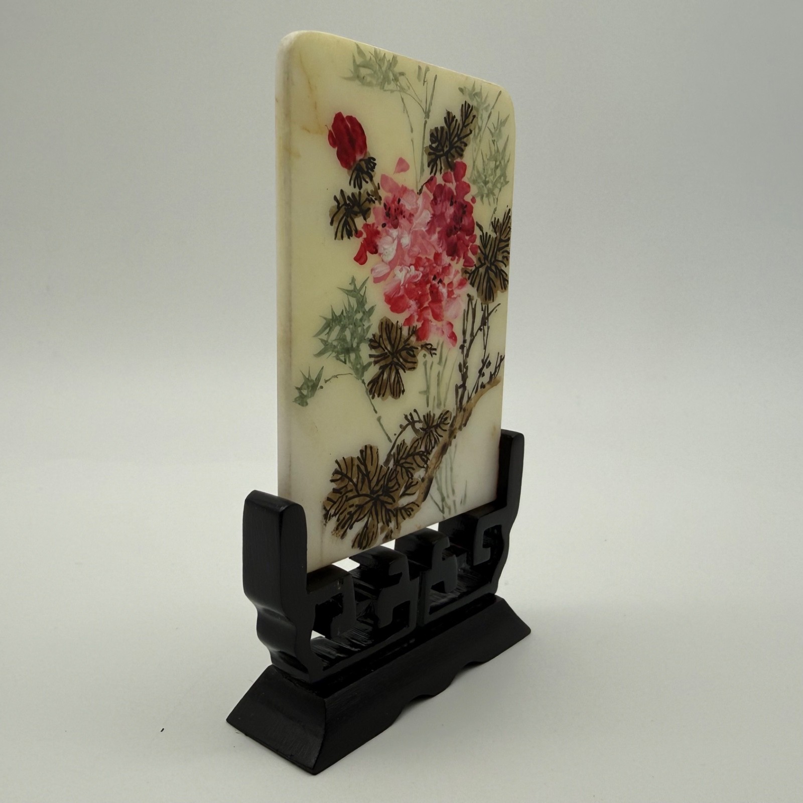 Vintage Chinese Hand Painted Marble Plaque Pink Blossoms Bamboo Wood Stand