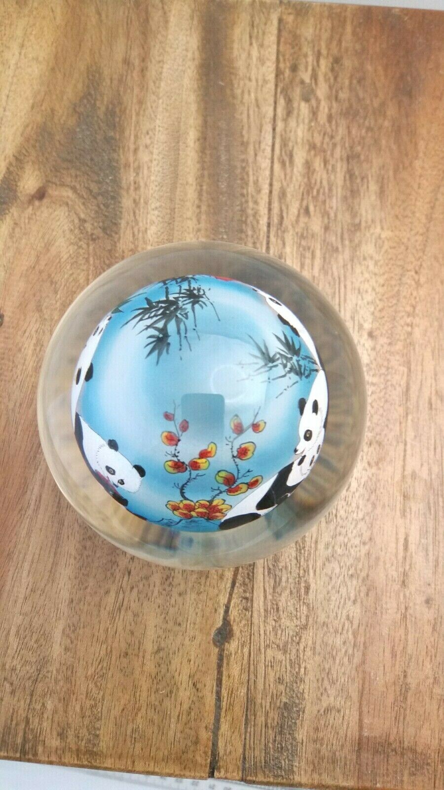 Chinese Glass Ball Sphere Paperweight Reverse Hand Painted Pandas NO Base