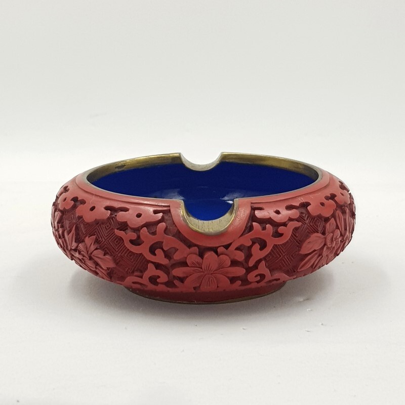 Vintage Chinese Cinnabar Lacquer Craved & Blue Enamel Brass Ashtray