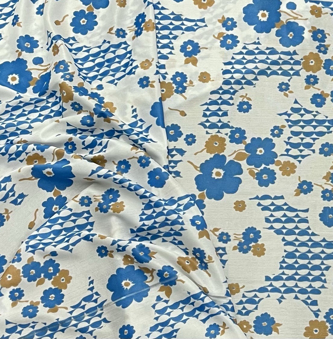 2 White Blue Brown Printed 1way Stretch Fabric 60” Width