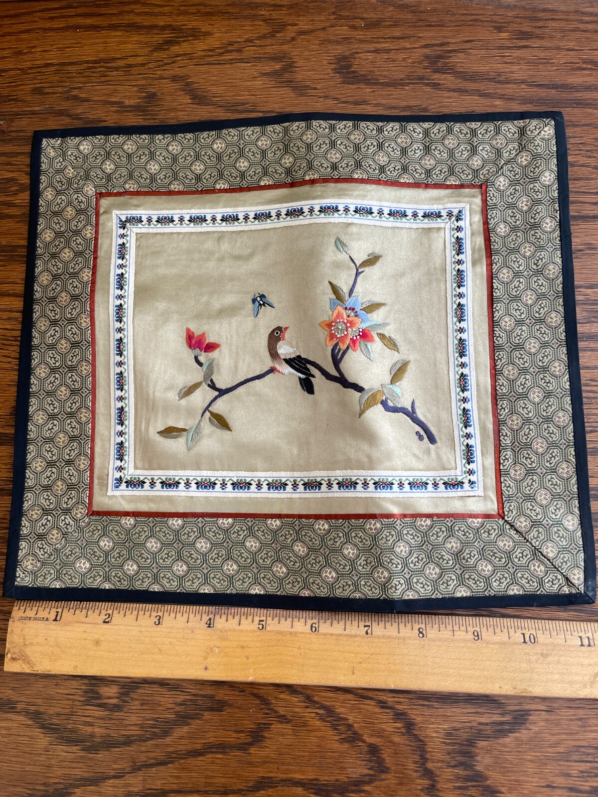 VINTAGE CHINA SILK EMBROIDERED PANEL BIRD BUTTERFLY SQUARE (D)
