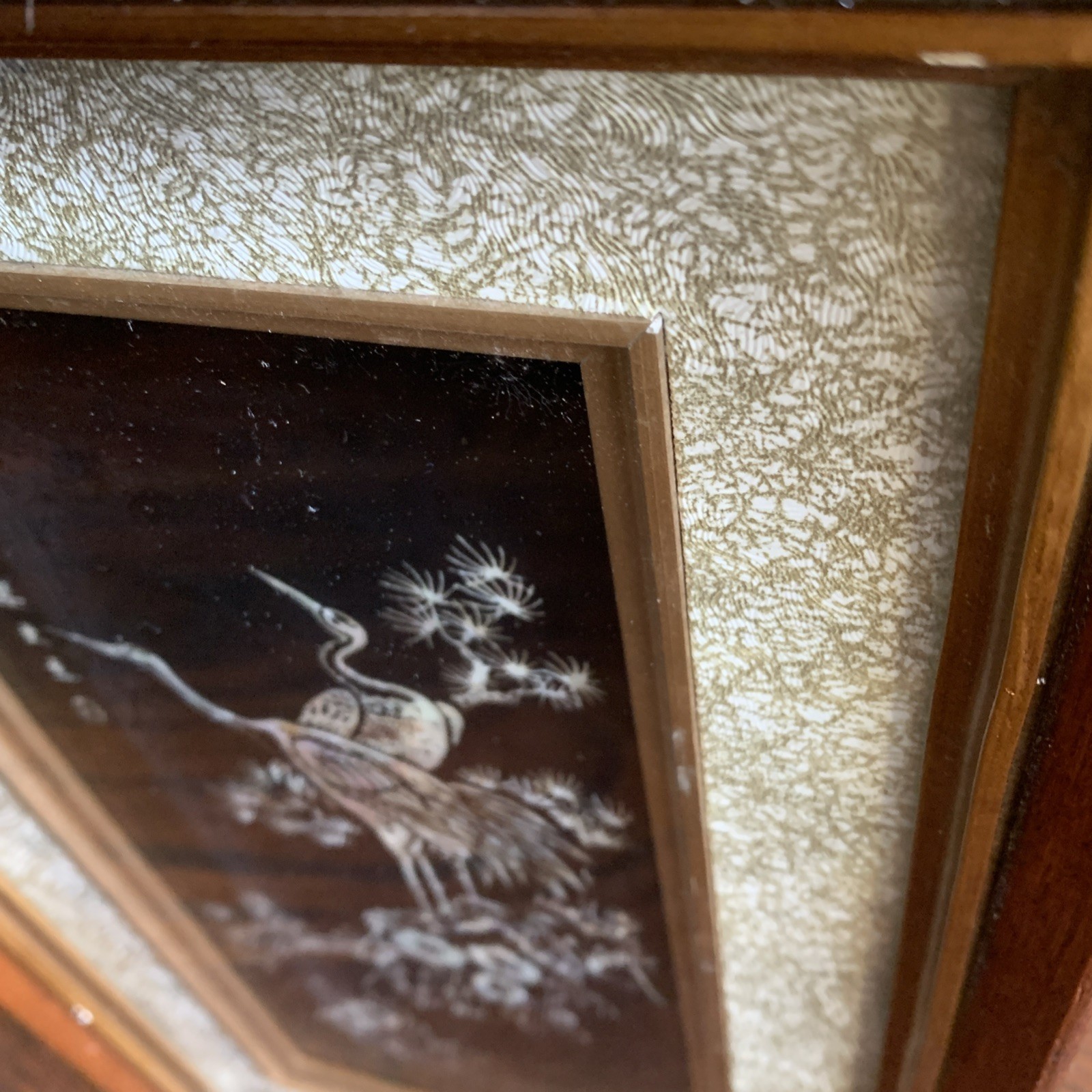 Vtg Asian Crane Birds Mother of Pearl & Abalone Shell Art Wood Framed 14.5”x8.75