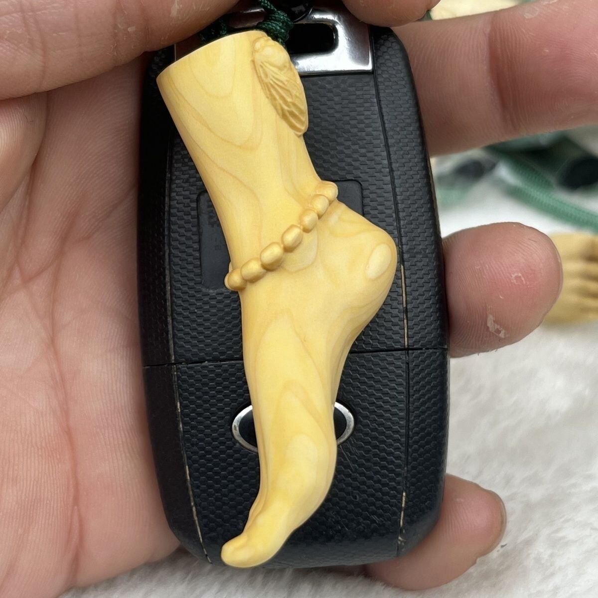 Boxwood Carved Girl Foot Bead Chain Pendant Decor