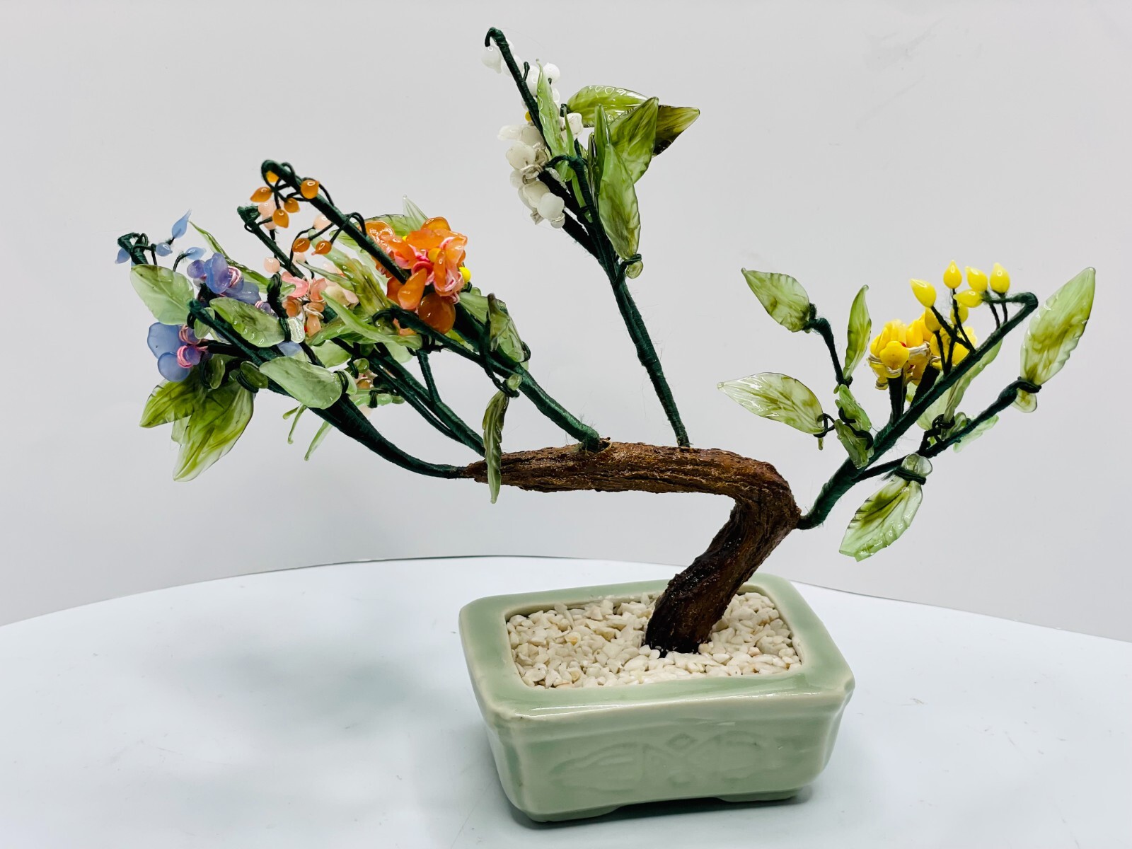 1960’s Hand Carved Chinese Jade Agate Stone Glass Bonsai Multicolor Mineral Tree