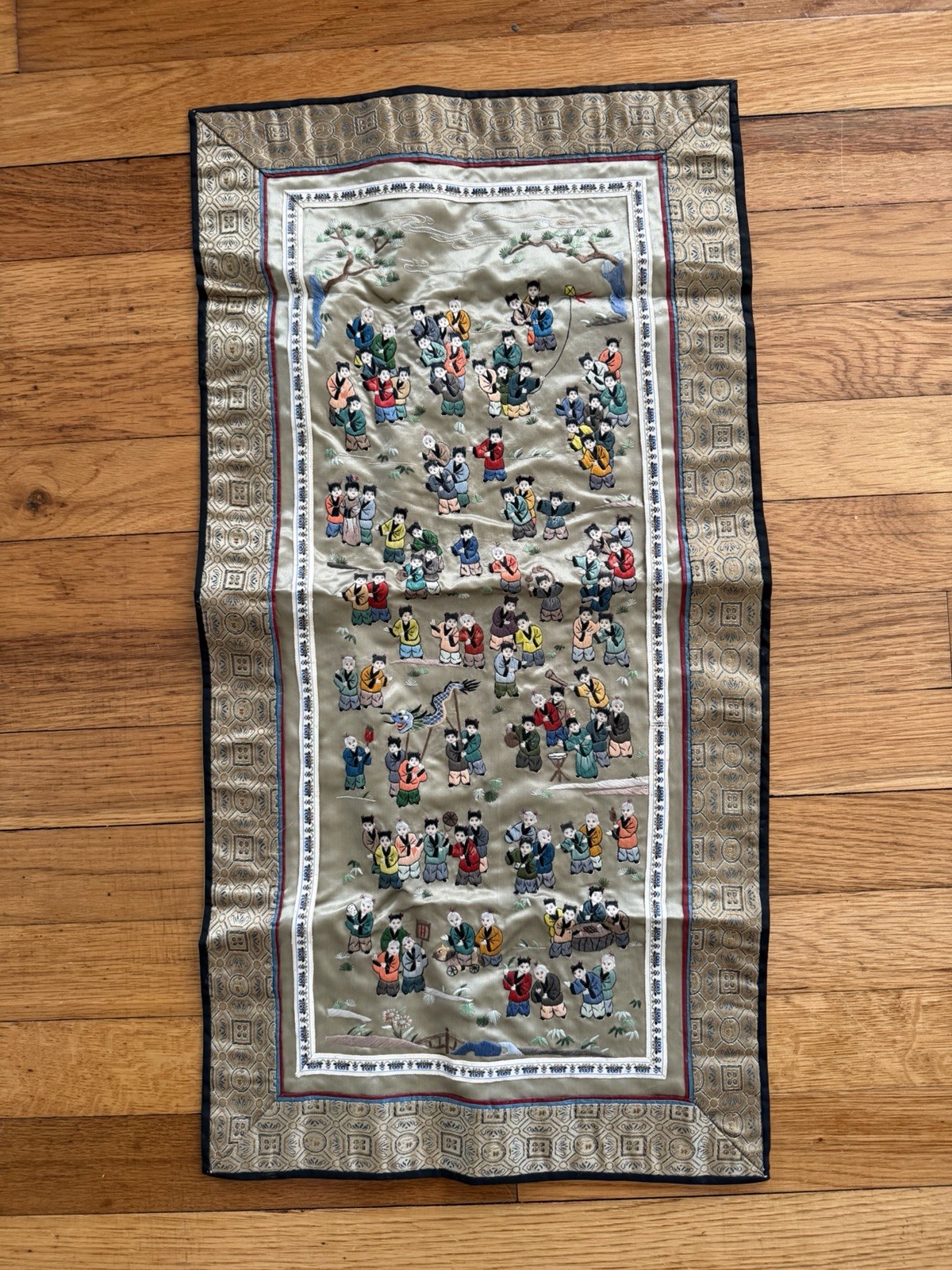 Chinese Embroidered Silk Textile Multicolor Rectangular with Children Motif