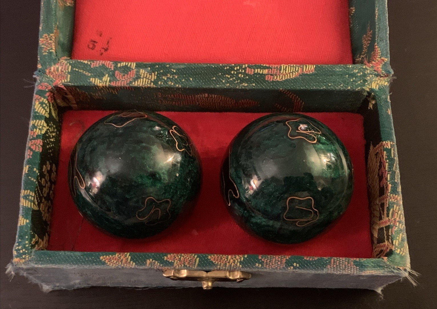 Vintage Chinese Cloisonné Baoding Balls with Chimes Green With Dolphins In Box