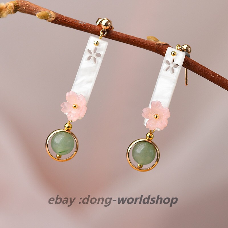 Chinese Dongling Jade/Coloured Glaze Flower Tibetan Style Vogue Earbob Earrings