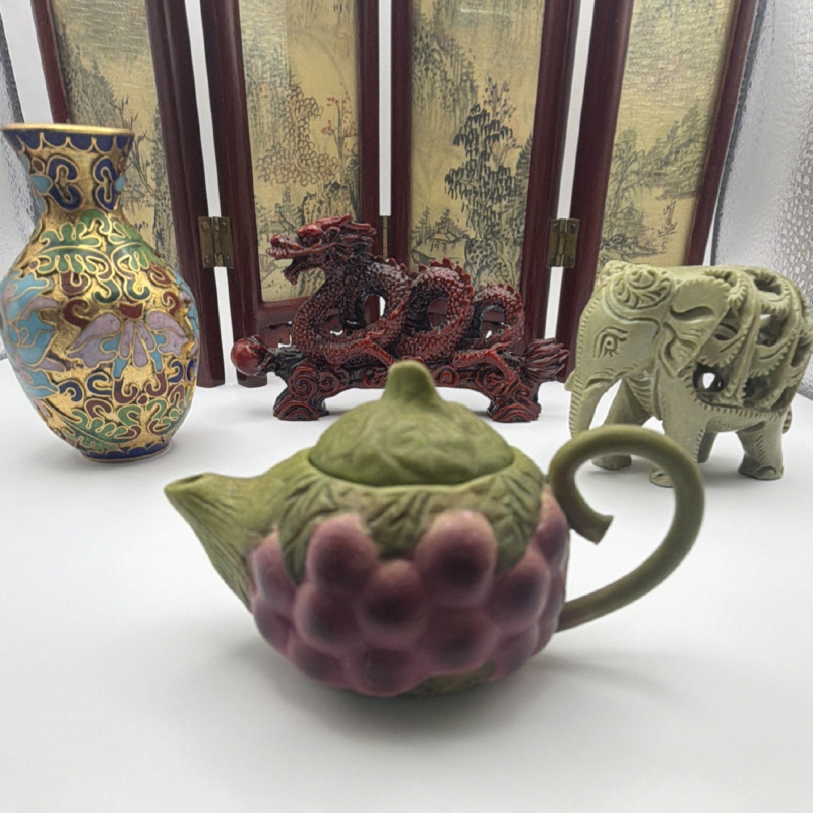 Antique Chinese Handmade Collectible Set: Vase, Teapot, Dragon, Elephant, Screen