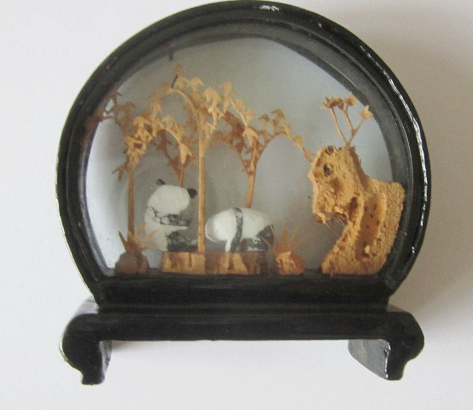 Panda Bears and Bonsai Vintage San You Oriental Hand Carved Cork Art 3-D Diorama