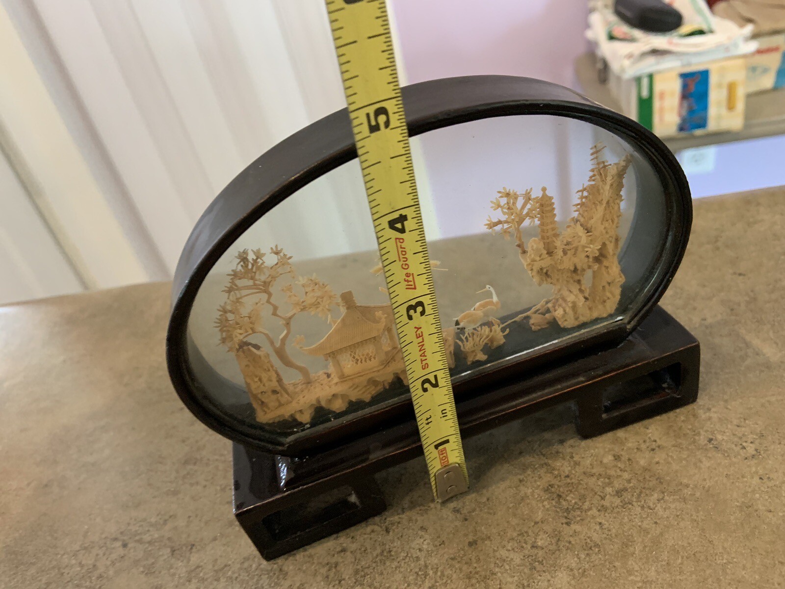 VINTAGE CHINESE SAN YOU DIORAMA CORK CARVING GLASS CASE PAGODA TREES & CRANES.