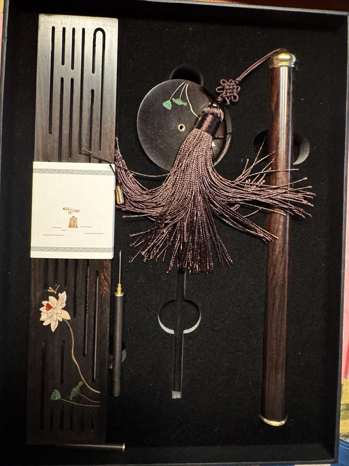 Handcrafted African Blackwood Incense Burner Set Mother of Pearl Inlay Lotus Art