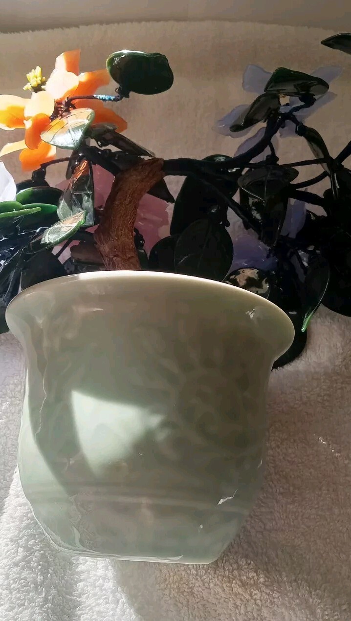 Vintage Jade Glass Flower Arrangement In Vase