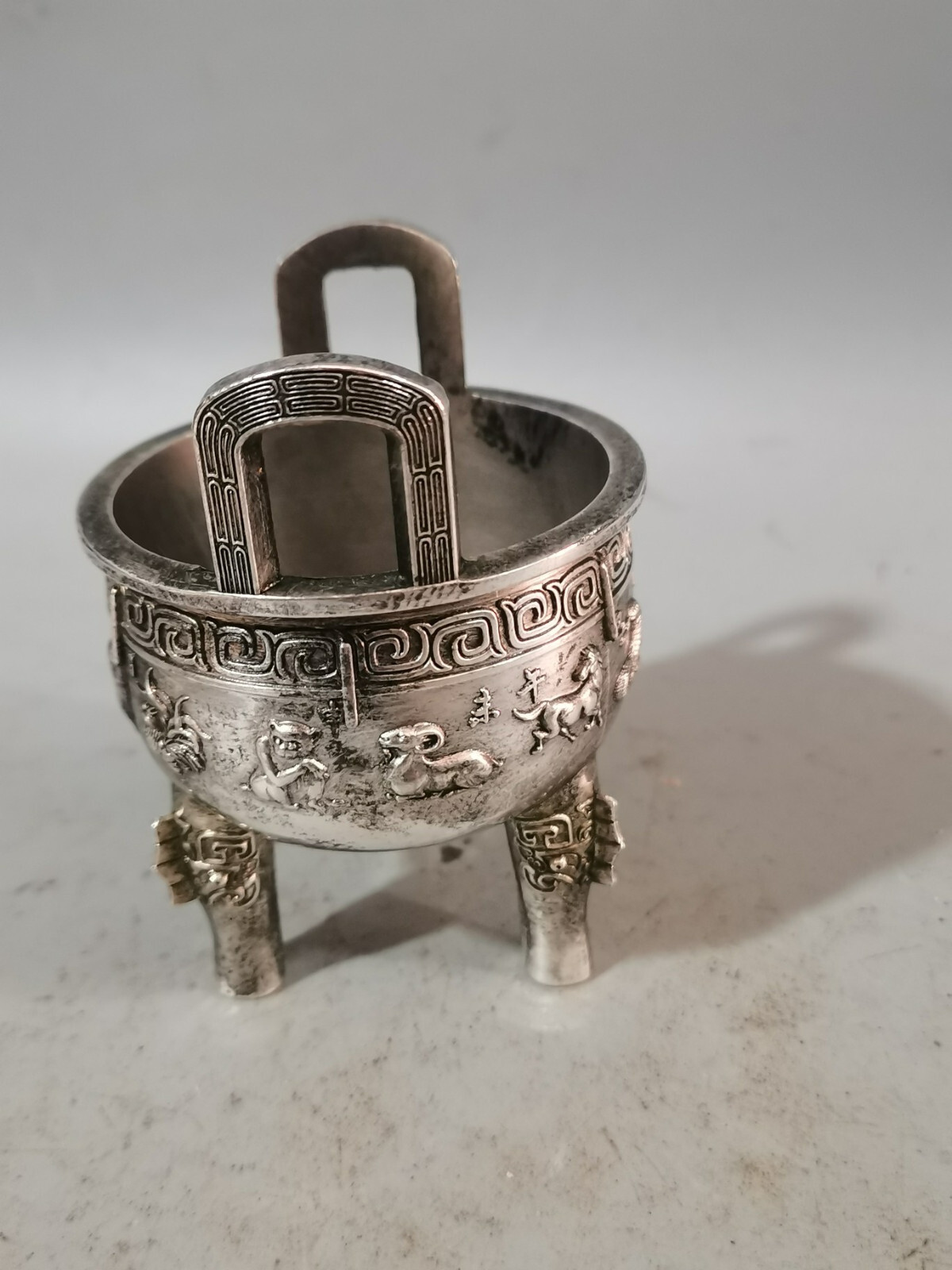 4″ tibet silver copper carved 12 Zodiac animals Three legs ding Incense Burner