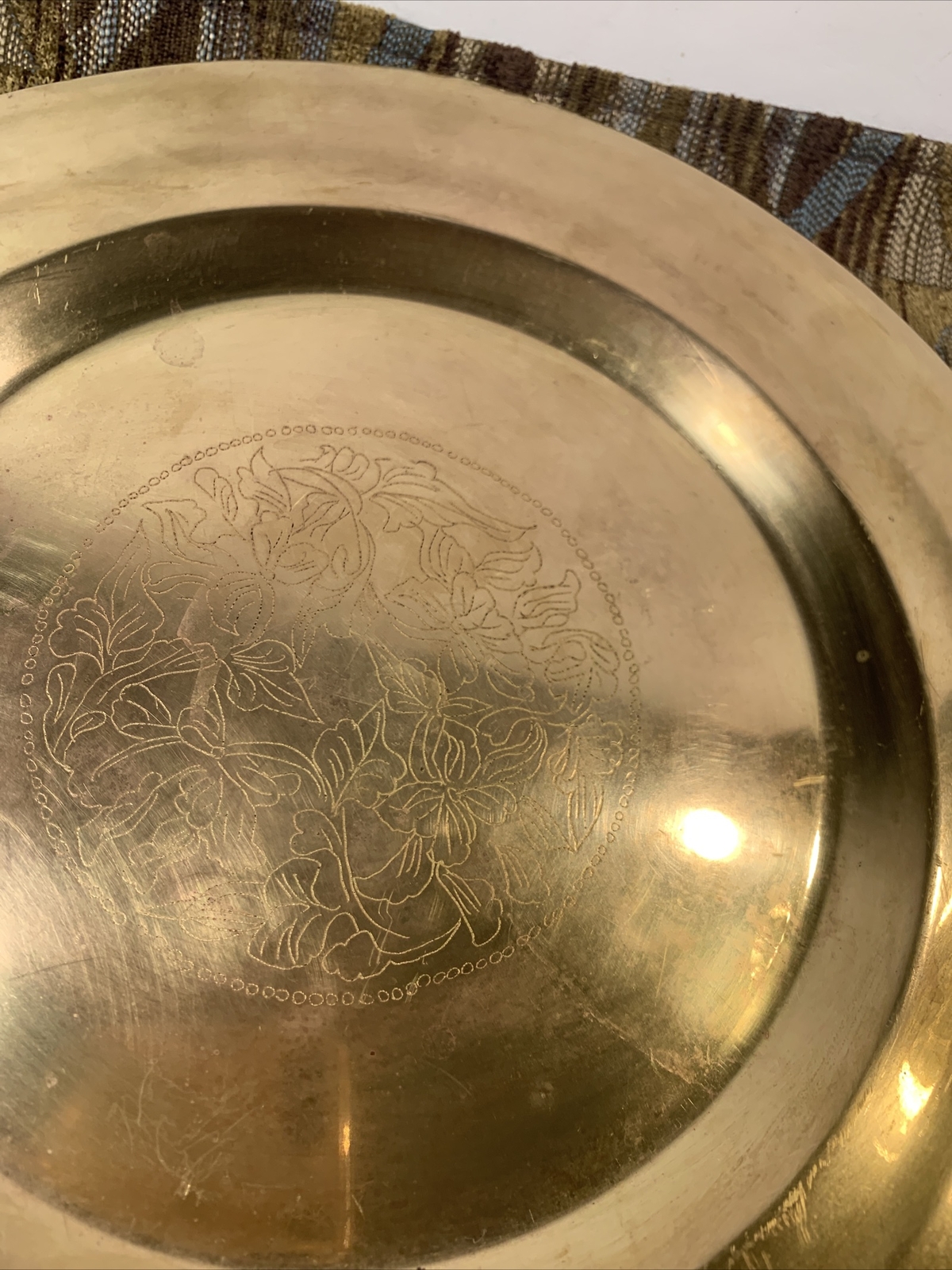 Vintage Chinese Brass Tray~Platter Etched Florals Medallion~10”~Boho