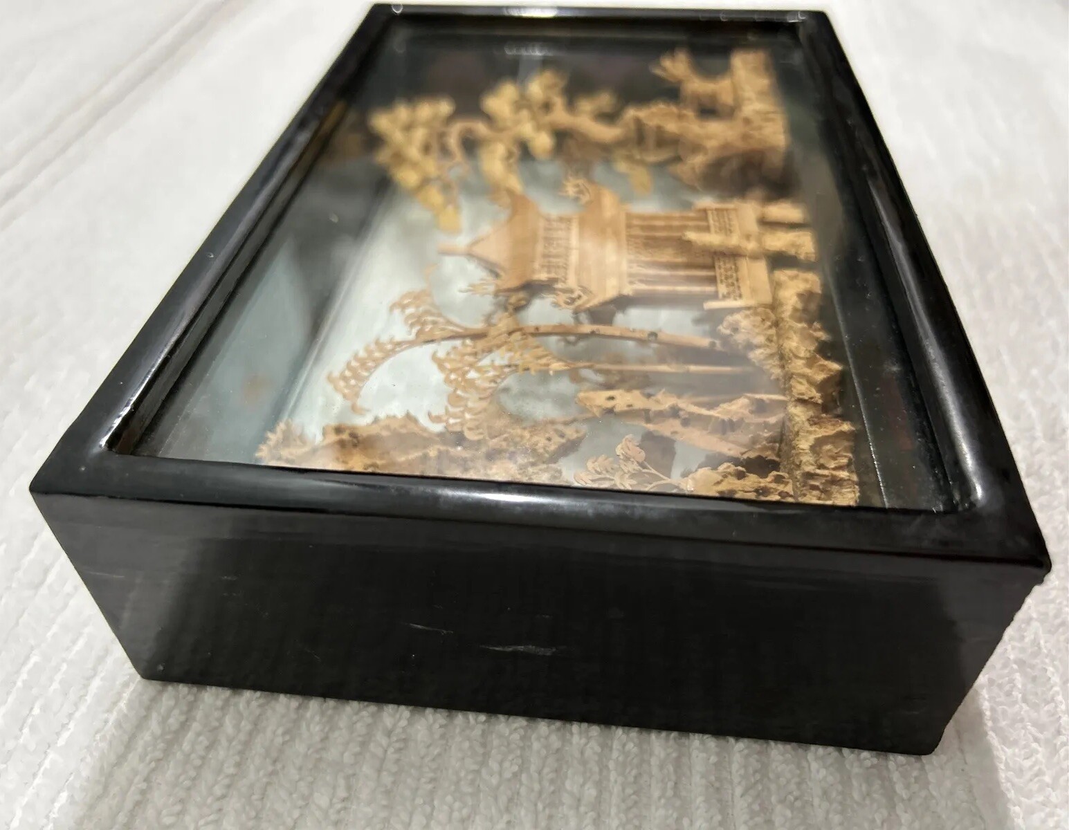 Chinese Carved Cork Art Shadow Box Pagoda Black Wood Frame 7.5”x5”