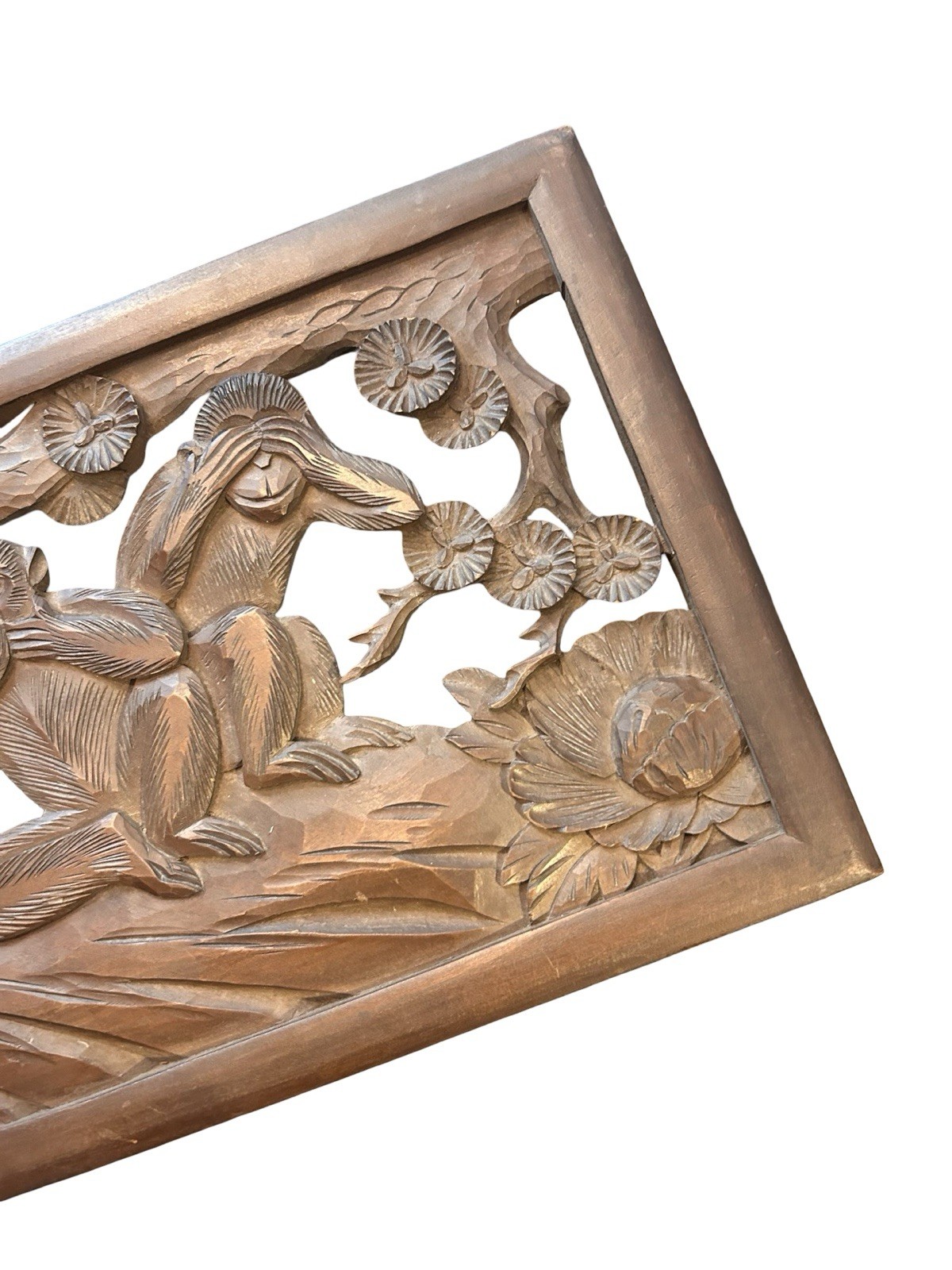 VTG Chinese Hand Carved Relief Wood Panel Three Wise Monkeys 19×9 Brown
