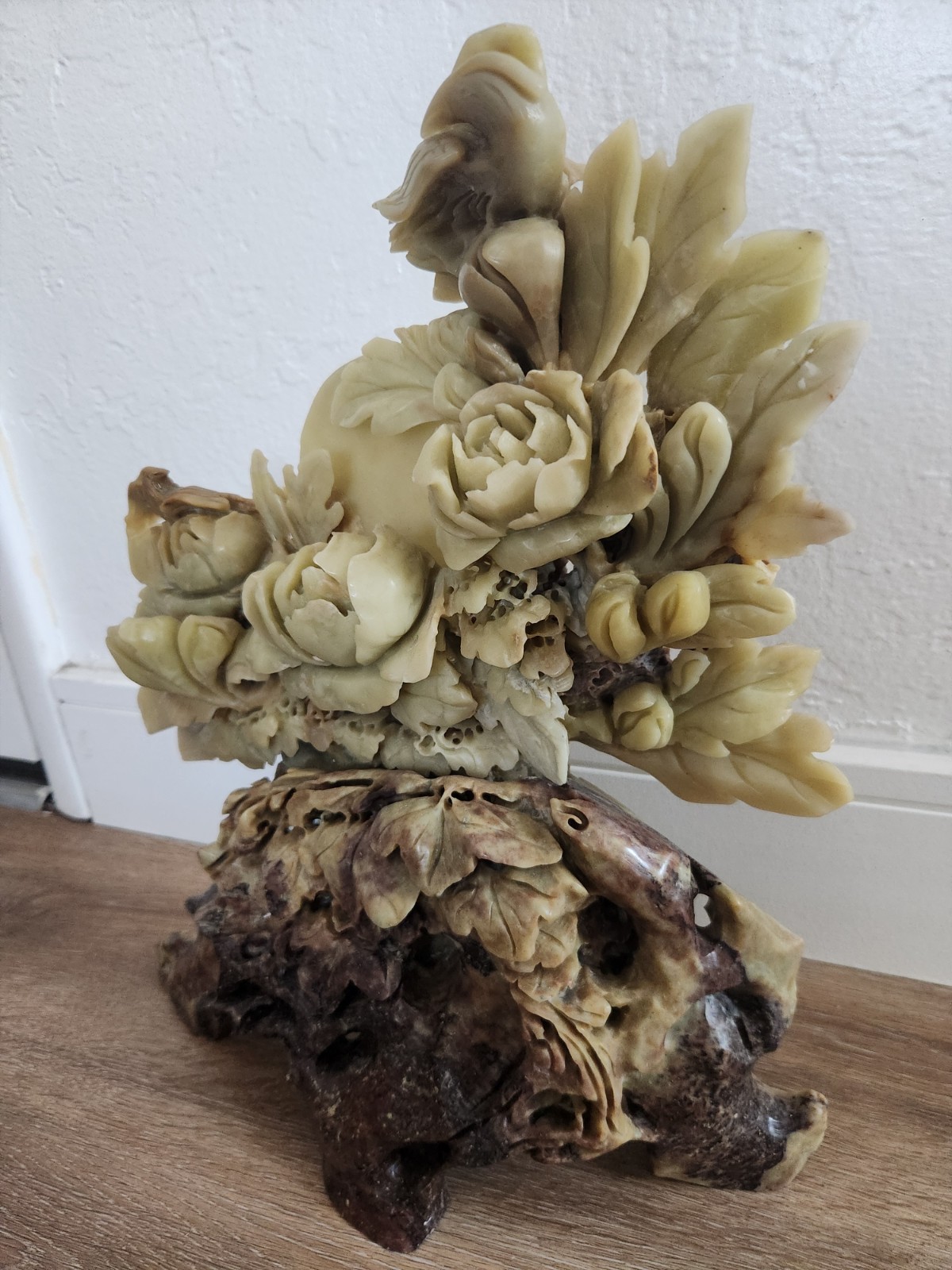 Exceptional Ornate Chinese Soapstone Carving Birds Flowers & Fruit 12″ x 13.5″ T