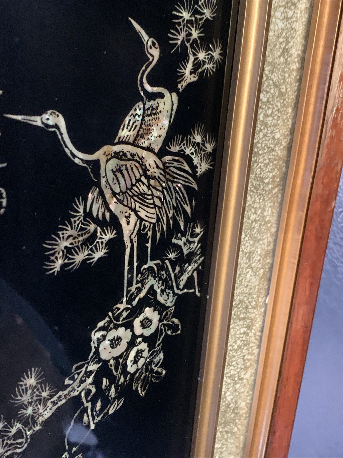 Vtg Asian Crane Birds Mother of Pearl & Abalone Shell Art Wood Framed 14.5”x8.75