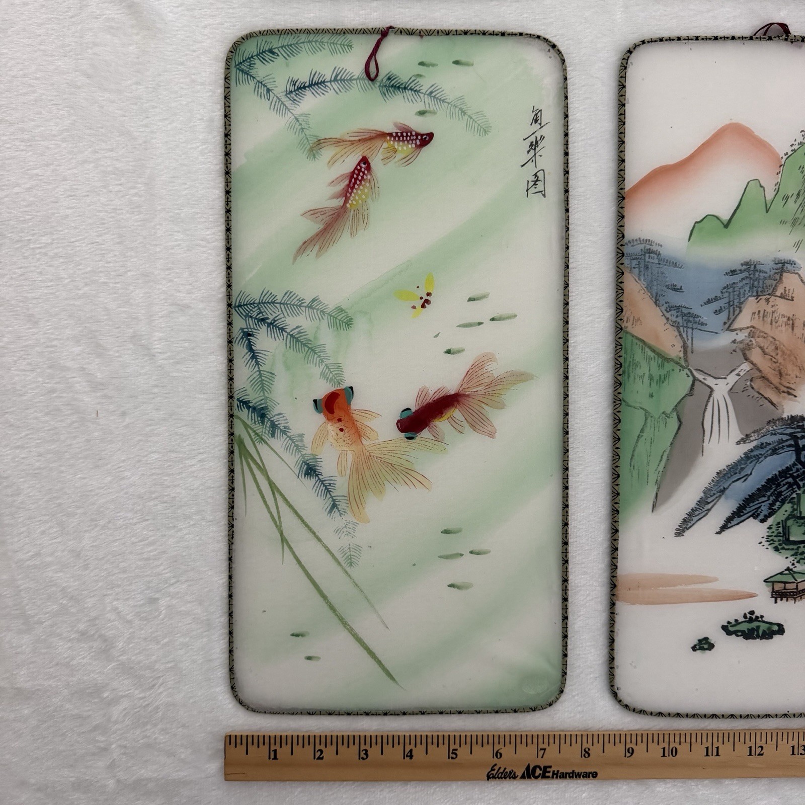 Vintage Chinese Painted Silk Panels Wire Frame Butterfly Koi Flowers Pandas Lady