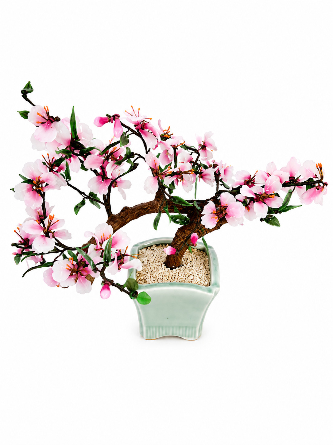 Vintage Cherry Blossom Bonsai Tree with Jade-Like Leaves & Glass Flowers in Asia