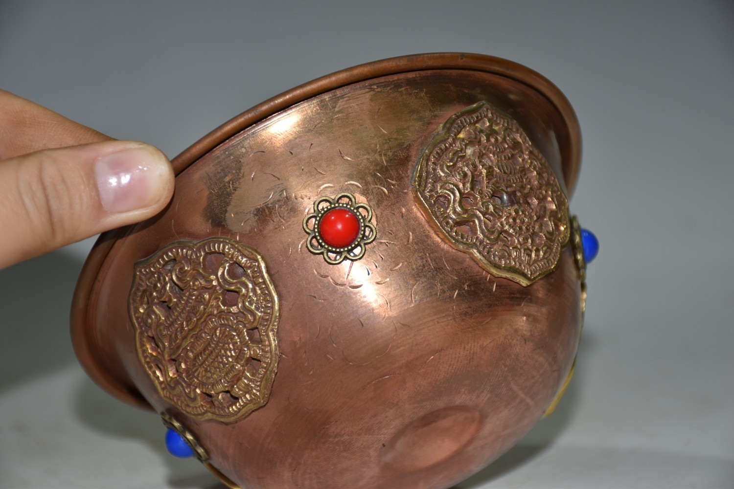 Vintage Nepalese Red Copper Bowl 4.92×2.17in Inlaid Gem 162g Butter Tea Cup