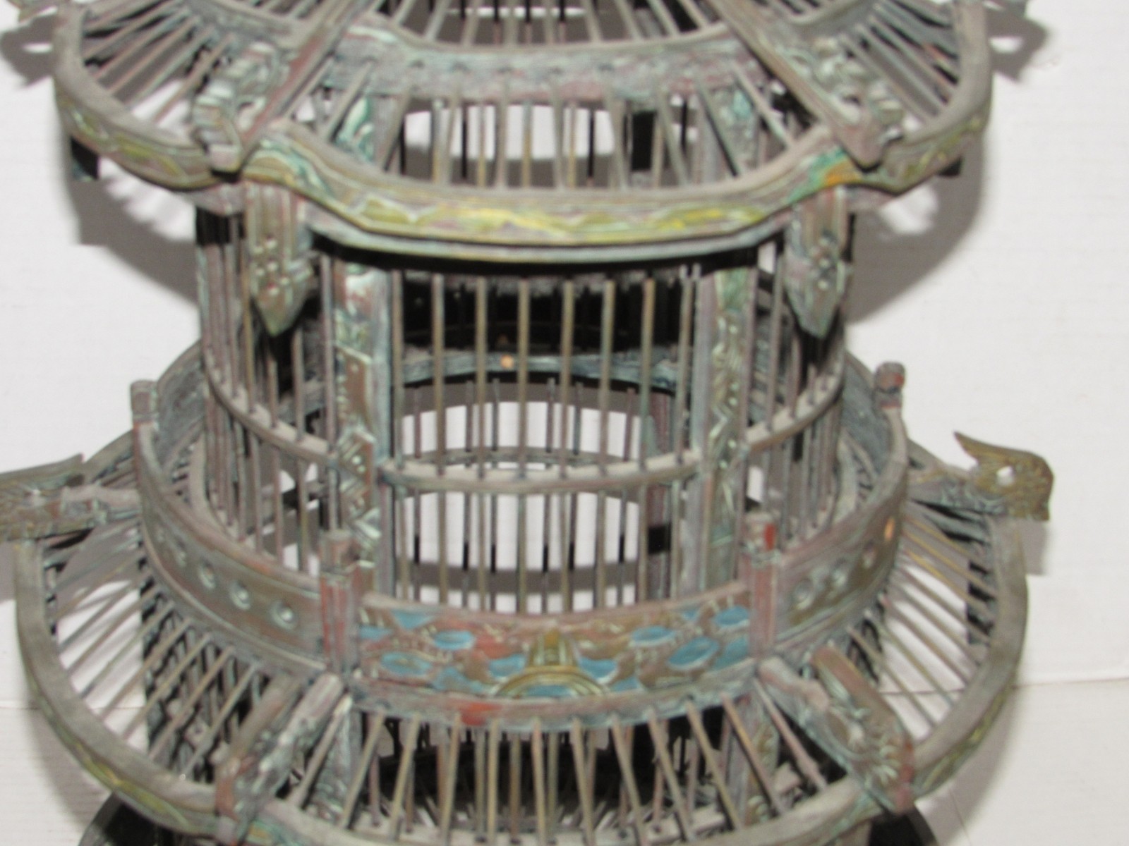 Vintage Chinese Wood Carved Pagoda Bird Cage, Oriental Geisha, Round
