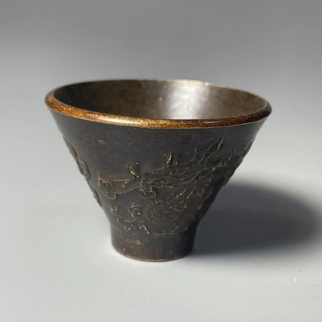 Antique Alloy Dragon Wine Cup 5cm Caliber Douli Cup Vintage Collectible Decor