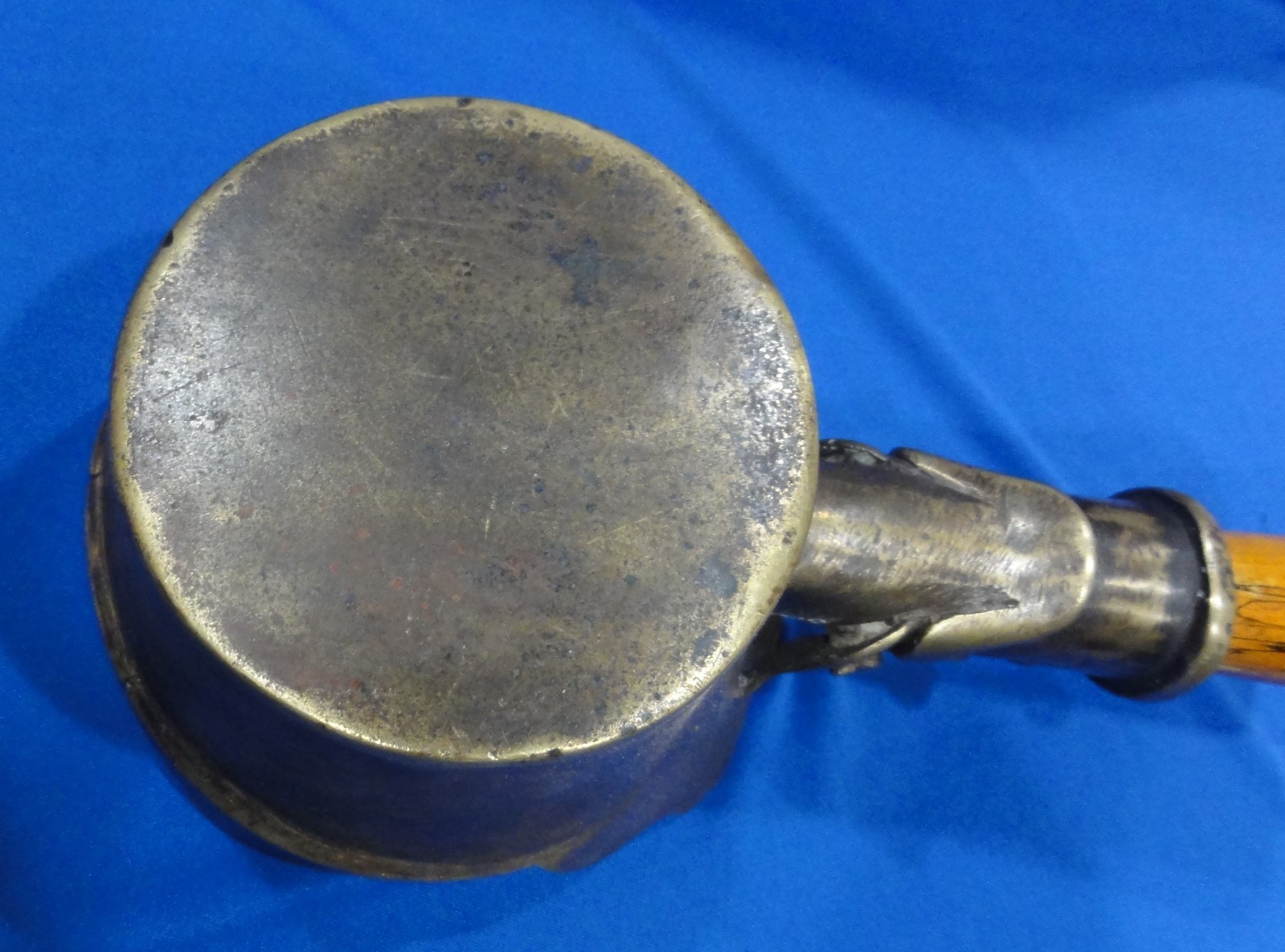 ANTIQUE CHINESE BRONZE CHARCOAL SILK IRON, HEAVY DUTY, 13.75” LONG, WOOD HANDLE