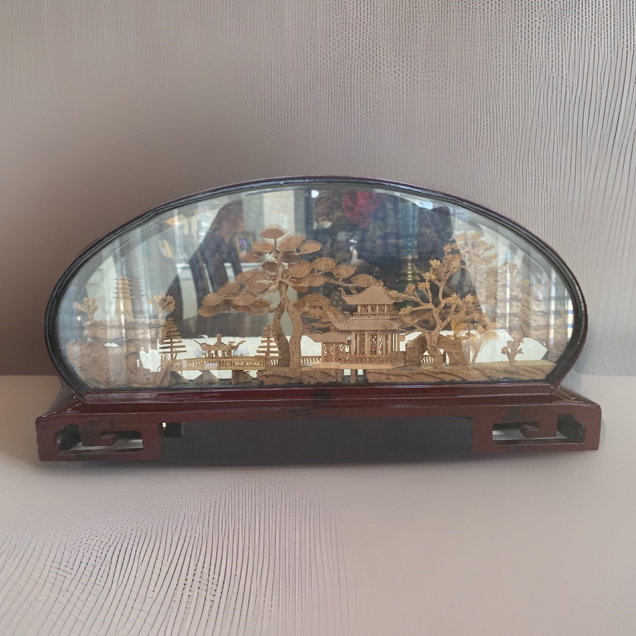 Vintage Large Chinese Cork Art In Glass Box Birds Garden Soothing Scenery 14” L