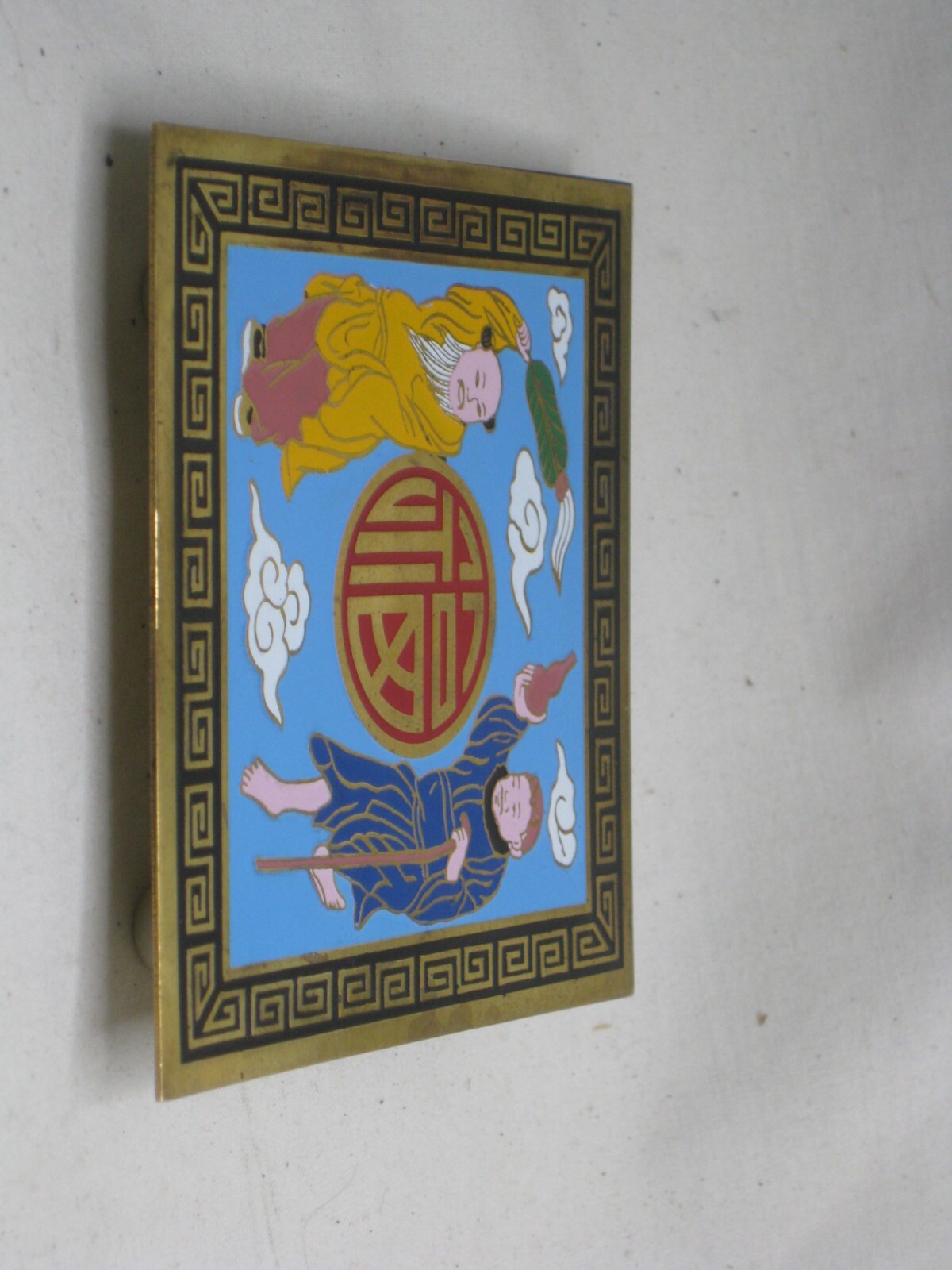 small vintage Asian trivet hot plate wall decor China old man monk cloisonne art