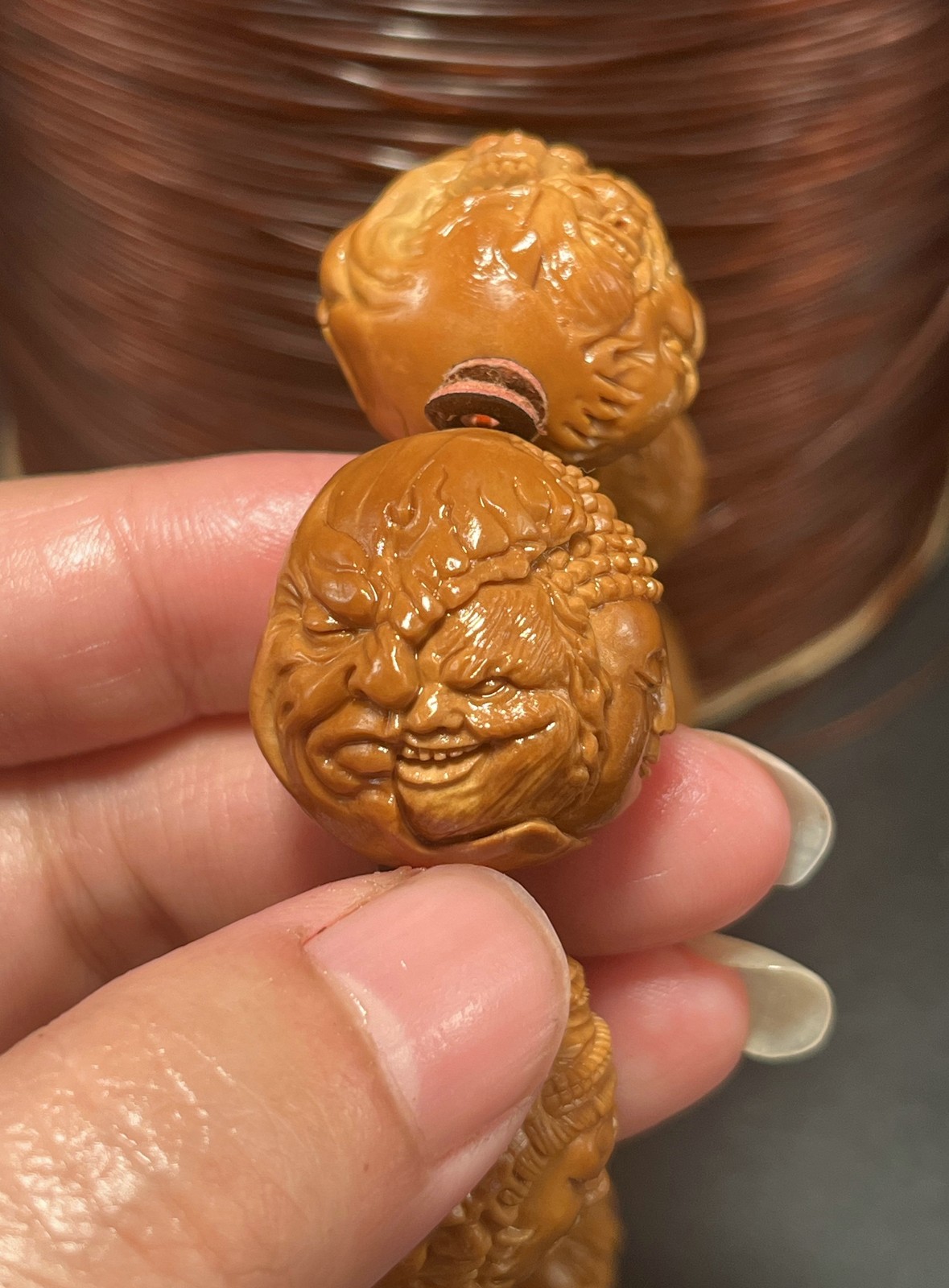 Large Olive Dentoliva Deep Relief Carving “Good Vs. Evil” Fierce Monk Bracelet