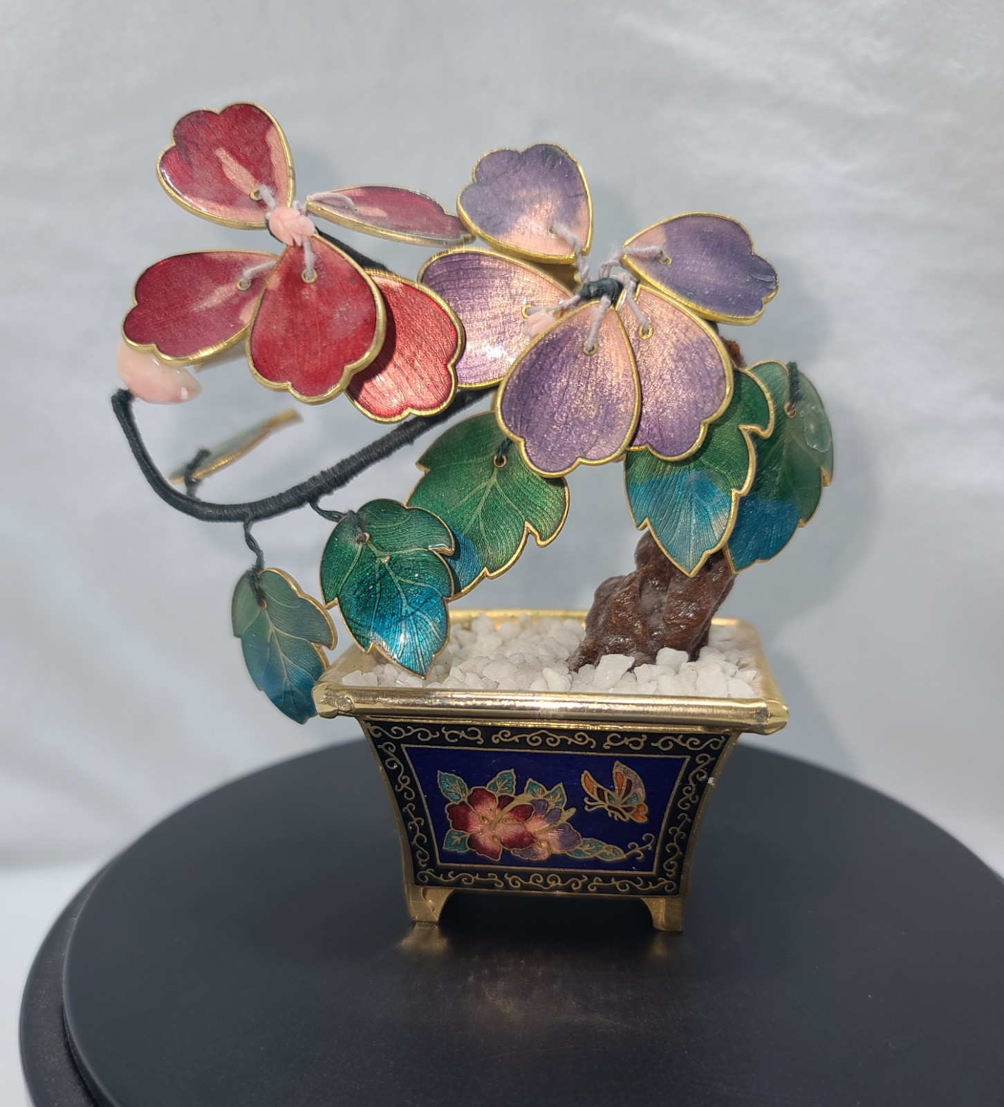 Beautiful Vintage Brass & Colored Enamel Bonsai Leaf Tree With Cloisonne Pot