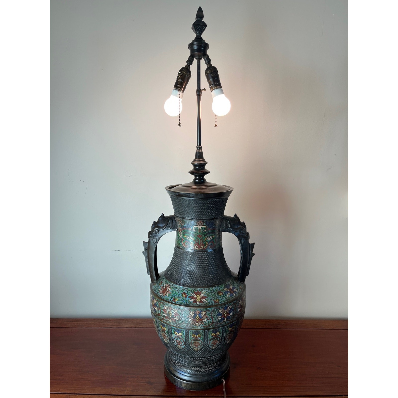 Large 42″ Chinese Cloisonné & Bronze Taotie Hu Vase Table Lamp