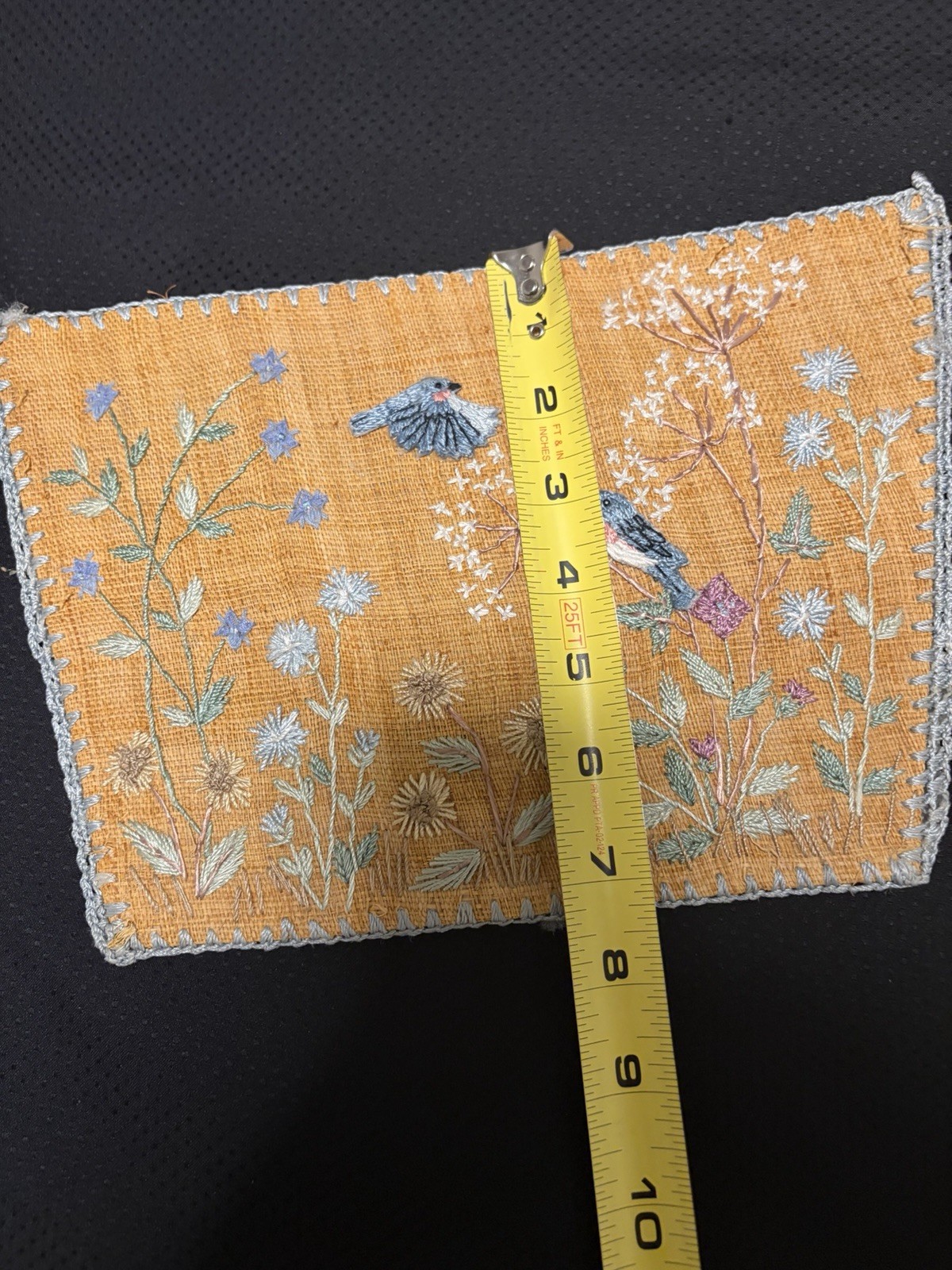 Antique Asian Embroidered Burlap Blue Bird Floral Panel 11″ Micro Bead Hemstitch